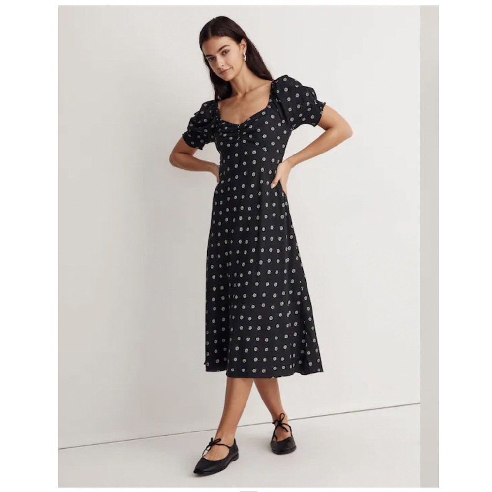 Madewell Black Daisy Floral Ruched Puff Sleeve Midi Dress in Stardot Sz XXS